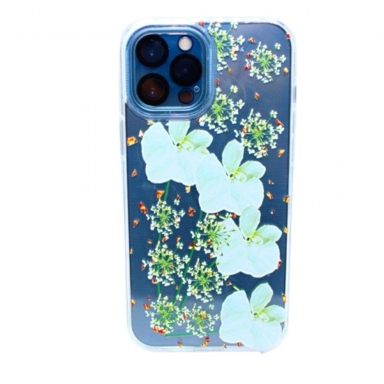 FLORAL FLOWER DESIGN TRANSPARENT CASE -WHITE GREEN- iPhone 12/12 Pro