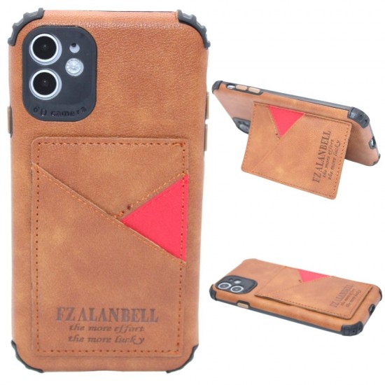Leather back wallet case for iPhone 11- Brown