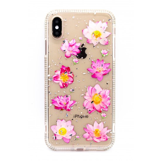 iPhone XR Clear Shimmer Flower Design Case Pink Rose
