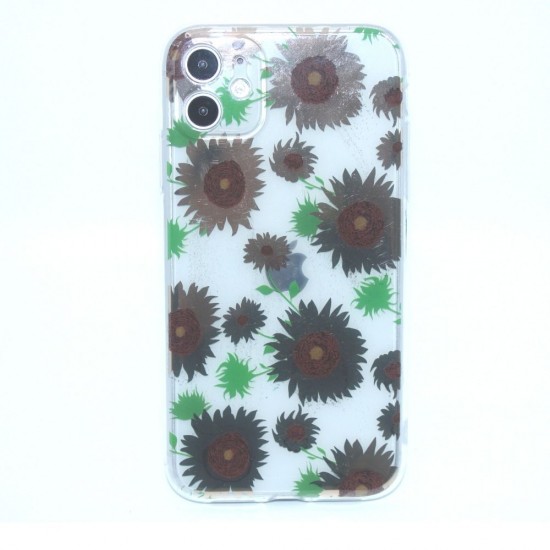 Clear flower case for Phone 11- Green leaves with Flower